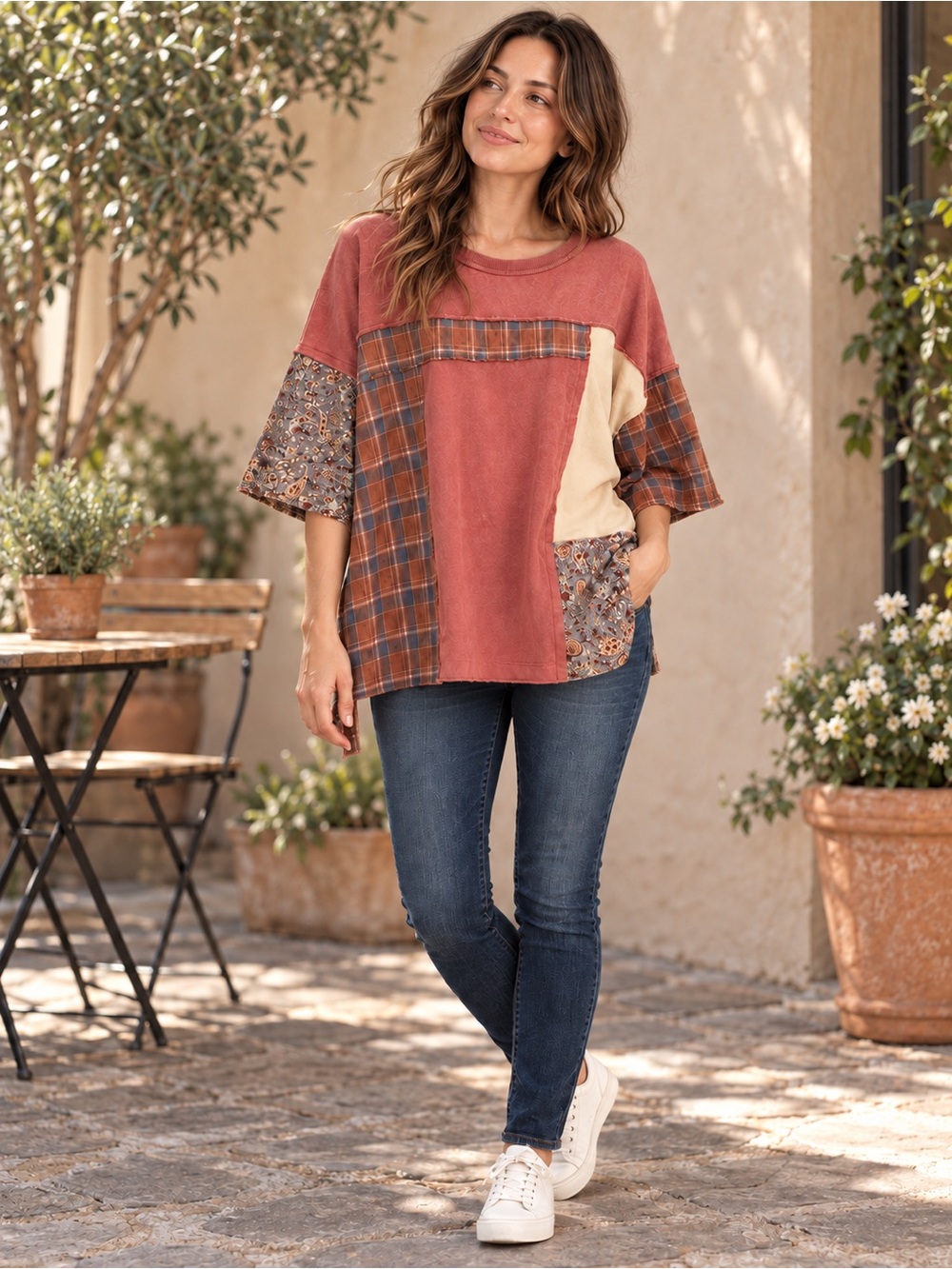 Easel Patchwork Short-Sleeve Top in Rust, Cream and Blue Plaid